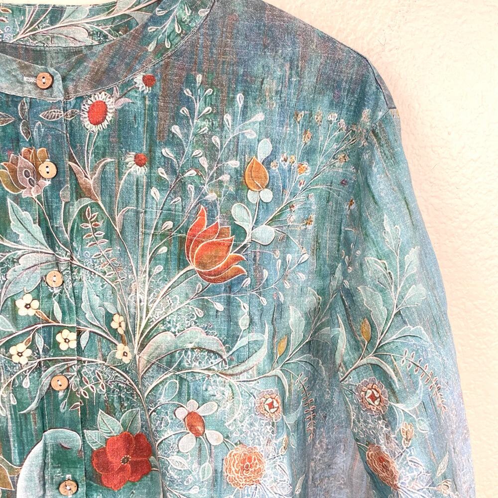 Womens Top Sz M Linen‎ Cottage Fairy Bird Statement Sustainable Ethereal Boho - Picture 4 of 9